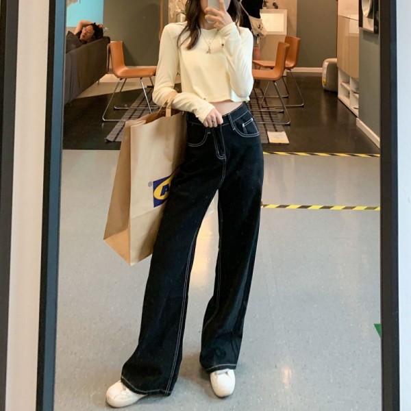 Women's 2023 Spring And Autumn New High Street Design Feeling High Waist Slim Fit Slim Straight Leg Long Pants With Micro Flared Split Jeans