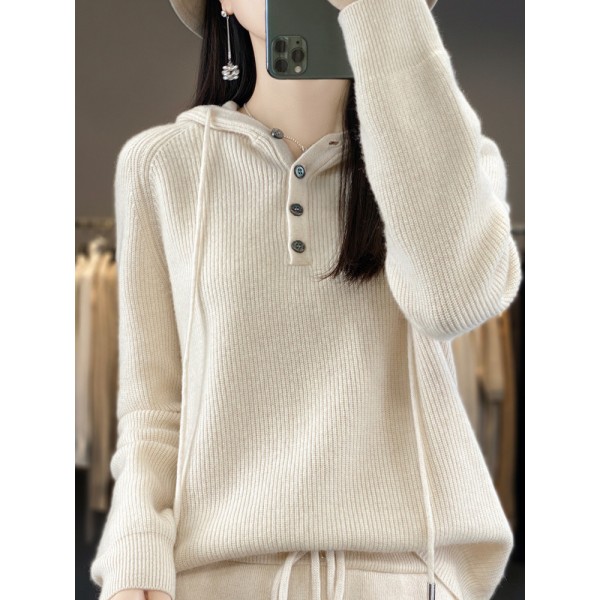 New 2023 Autumn Korean Edition Simple Three Button Hooded Knitted Sweater Sweater Loose Versatile Knitted Sweater