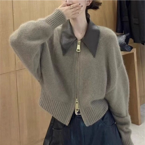 Autumn And Winter Maillard Sweaters Fashion And High Grade POLO Neck Knitted Cardigan Double End Zipper Lazy Style Coat Women's Thick