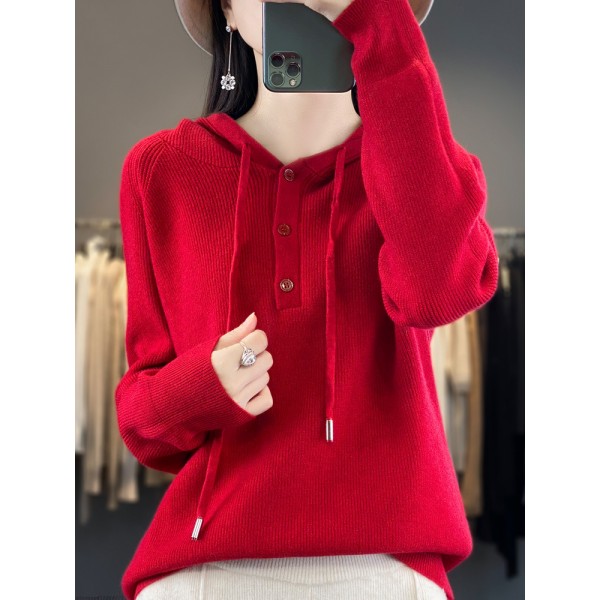 New 2023 Autumn Korean Edition Simple Three Button Hooded Knitted Sweater Sweater Loose Versatile Knitted Sweater