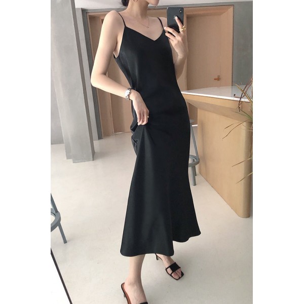 Sexy A-Line Skirt Women's Long Summer Dress New Korean Version Sling Dress Pajama Dress Solid Color Over Knee Long Dress