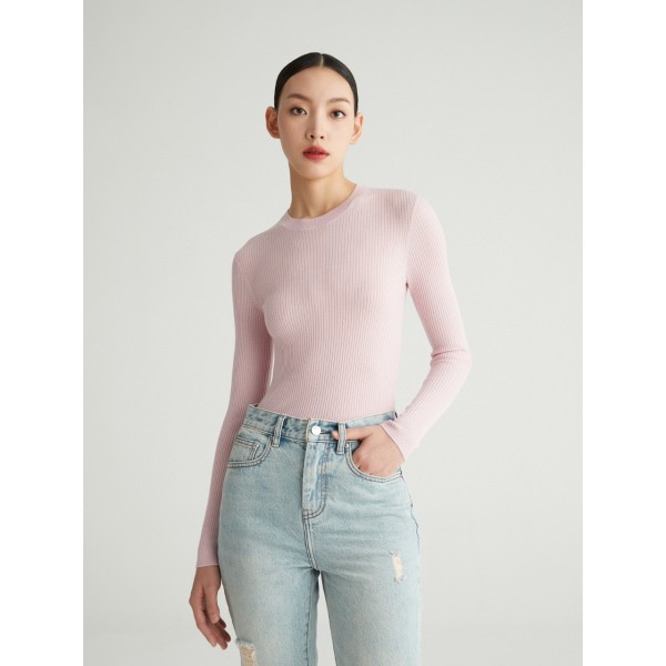 (Foundation Series) Cindy Fine Pit Stripe Round Neck Long Sleeve Woolen Sweater With Yangzi Yarn Bottom Knit