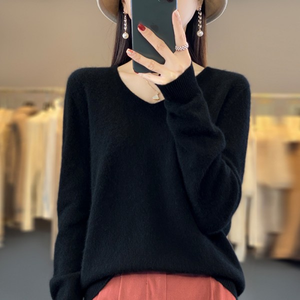 One Line Ready-To-Wear Pure Wool Sweater 2023 Autumn/Winter Women's V-Neck Loose Short Solid Color Cashmere Bottom Sweater Knitted Sweater