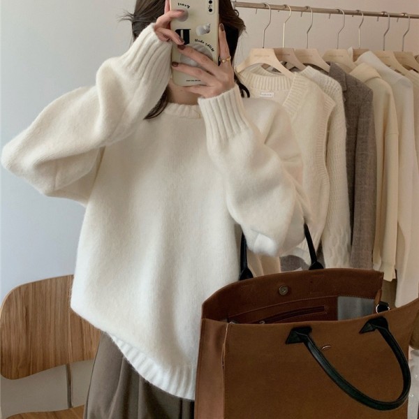 Gentle Style Sweater Women's Pullover Autumn/Winter Milk Style Wear Sweet Style Top Loose Round Neck Knit Versatile Outwear