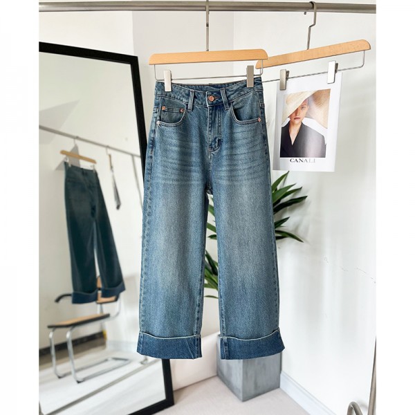 Pear Shaped Lifestyle Pants 23AW New Vintage Wash Curled Edge Fold Over Trouser Feet Straight Leg Wide Leg Loose Cropped Jeans For Women