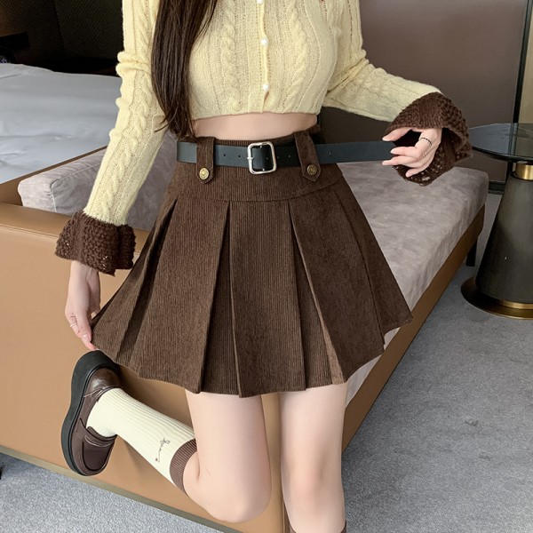 2023 Winter New High Waist Slim Retro Corduroy Design Feels Small And Popular Woolen Pleated A-Line Half Length Short Skirt Trend