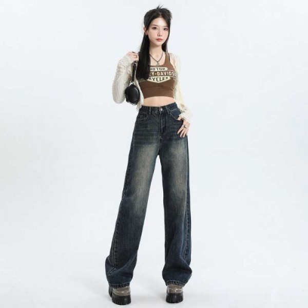 Baoyou Early Autumn High Waist Summer Straight Tube Jeans Women's High Waist Women's Pants Narrow Version Thin Wide Leg Pants Black Grey