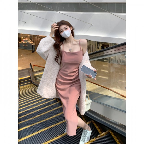 Small Pink Strap Dress Women's Waist Shorted Long Dress Temperament Pure Desire Style One Shoulder Sexy Wrapped Hip Dress