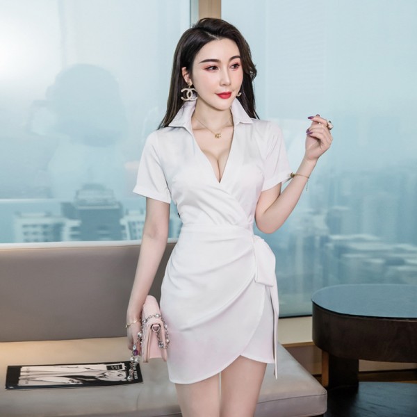 Nuyi Ren Sexy Dress Women's New Celebrity Style Lace Up Waist Show Thin Temperament Shirt Collar Wrap Hip Dress 2111