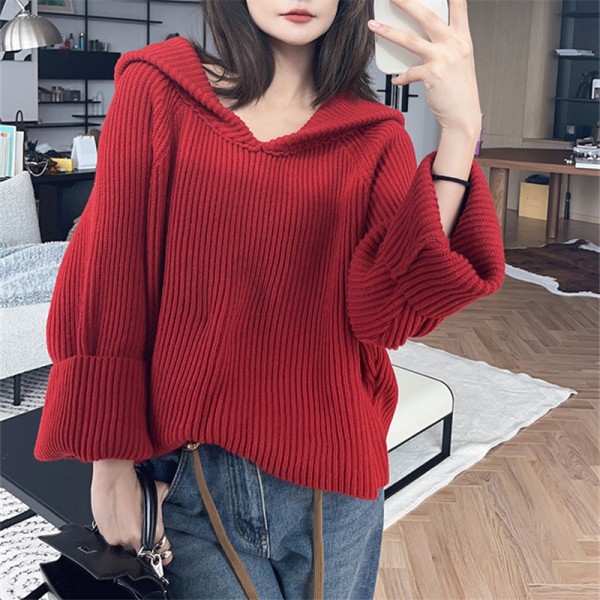 Navy Collar Red Sweater Women's Autumn And Winter Thickened 2023 Slouchy Loose And Unique New Year Red Knit