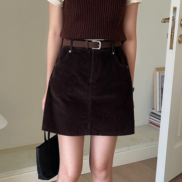 Les A-Line Short Skirt For Women, Small And Slim Corduroy Short Skirt With High Waist Design, Autumn Half Skirt For Women, Free Belt