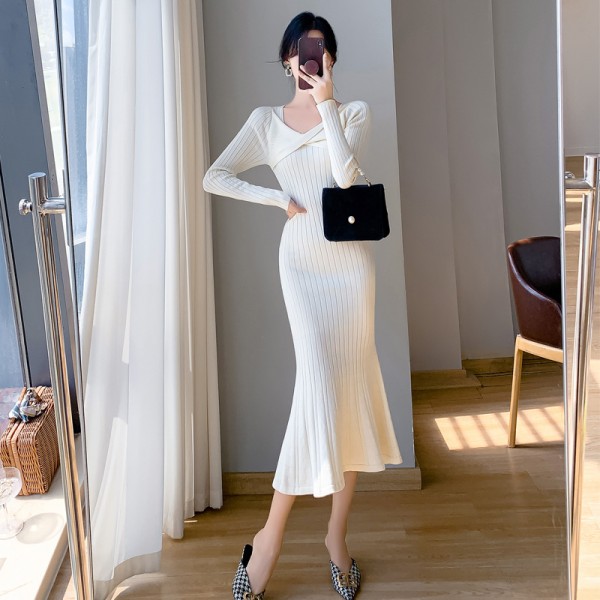 2023 Autumn/Winter Korean Version Slim Fit Mid Length Over Knee Woolen Dress With Bottom And Fish Tail Knit Dress For Women