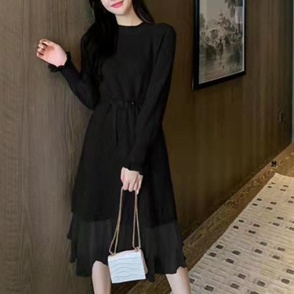 New Knitted Dress For Women's Autumn And Winter Mid Length Mesh Waist Wrap Show Thin Temperament Half High Collar Underlay Woolen Dress