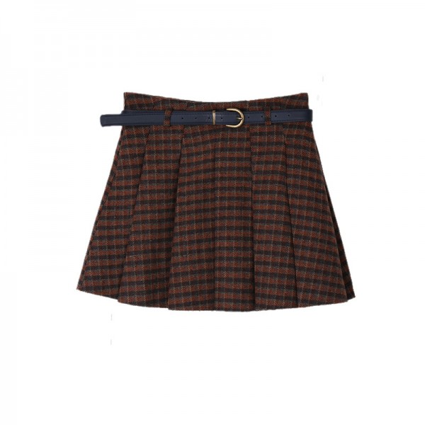 NEIHE Nehe Autumn/Winter Maillard Age Reducing A-Type Plaid Pleated Skirt Half Length Short Skirt Women's Belt 230955