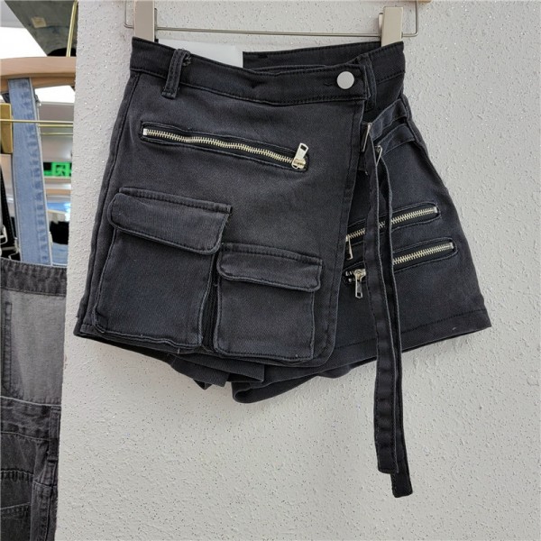 Korean Version Irregular Multi Pocket Work Suit A-Line Shorts Women's Loose Wide Leg Pants 2023 Spring/Summer New Denim Skirt Pants