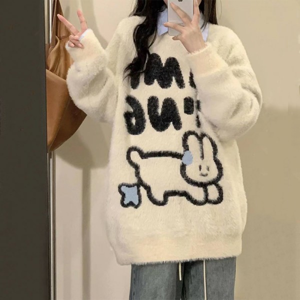 New Korean Version Round Neck Soft Glutinous Cartoon Rabbit Sweater Women's Knit Autumn And Winter Loose Pullover Top Imitation Mink