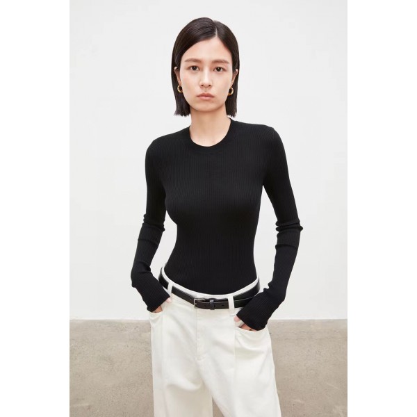 (Foundation Series) Cindy Fine Pit Stripe Round Neck Long Sleeve Woolen Sweater With Yangzi Yarn Bottom Knit