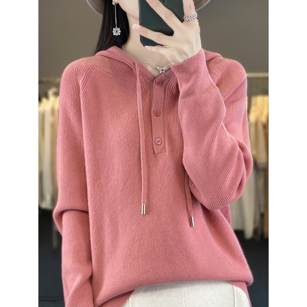 New 2023 Autumn Korean Edition Simple Three Button Hooded Knitted Sweater Sweater Loose Versatile Knitted Sweater