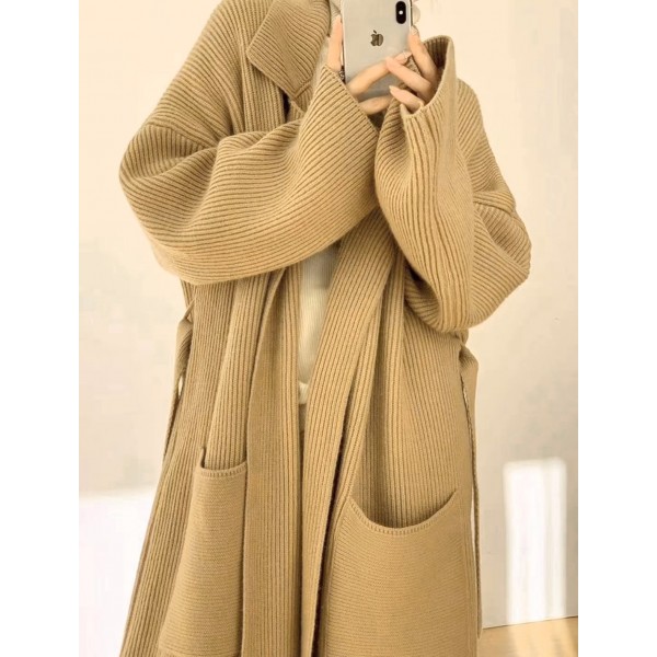 Korean Premium Long Sweater Coat Women's 2023 New Lace Up Waistband Lazy Autumn/Winter Knitted Cardigan