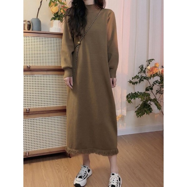 Knitted Woolen Dress For Women 2023 New Autumn/winter Korean Version Loose Fitting Half High Neck Dress With Tassels And Bottom Skirt Trend