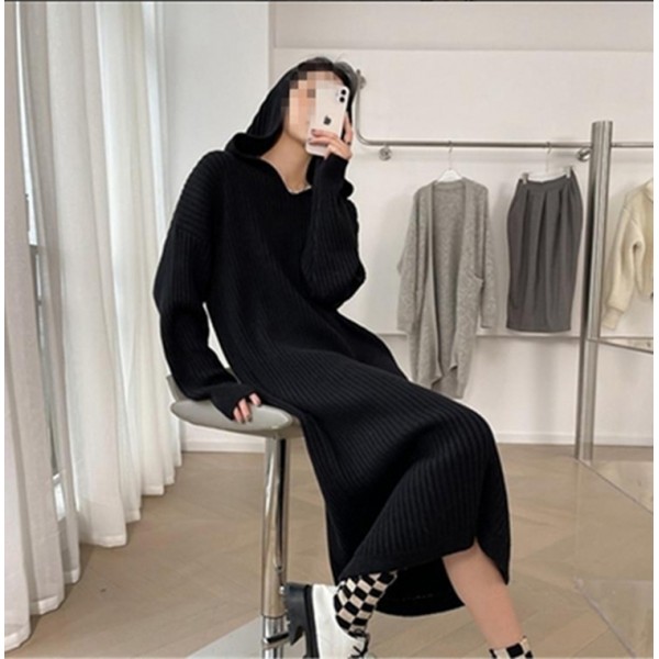 Korean Lazy Style Hooded Knitted Dress Women's Autumn/Winter 2023 Mid Length Over Knee Fashion Casual Sweater Long Dress