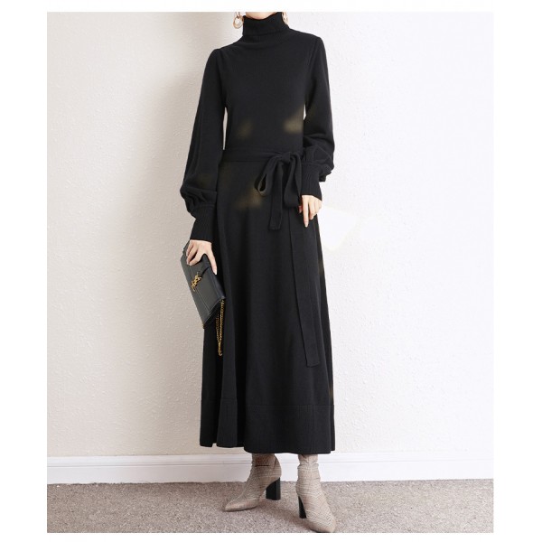 Design Sense Flipped High Neck Knit Dress 2023 Autumn/Winter New Loose Swing Mid Length Woolen Dress