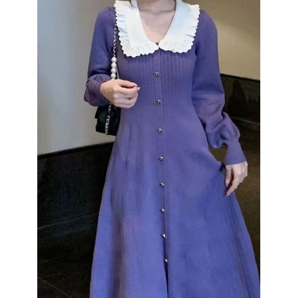 2023 Autumn/Winter New Gentle Style Retro Polo Collar Knitted Waist Slim Dress Small Lantern Sleeves Long Dress Women