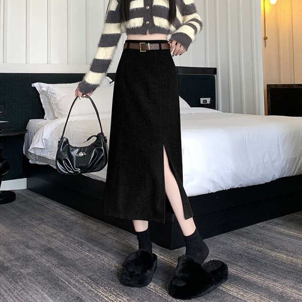 Woolen Half Length Skirt For Women In Autumn And Winter, High Waisted And Slim, Medium Length Split A-Line Skirt, Over Knee And Buttocks Skirt, Thickened One Step Skirt