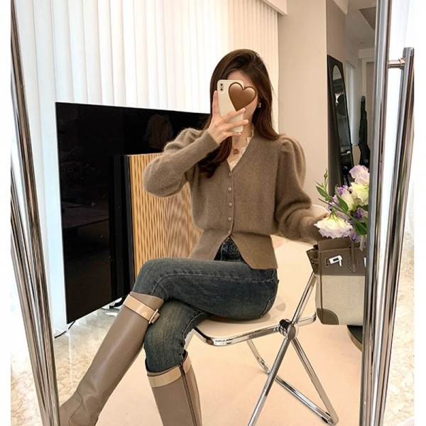 Benmingnian Red V-Neck Sweater Coat Women's Autumn And Winter Advanced Feel Bubble Sleeves Wrapped Waist Soft Glutinous Knitted Cardigan Top