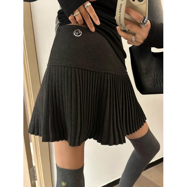 H0969 Spicy Girls Pure Desire Style Half Body Skirt Made Of Fabric High Waist A-Line Sexy Short Skirt Autumn And Winter Woolen Pleated Skirt Women's Fine Pleated