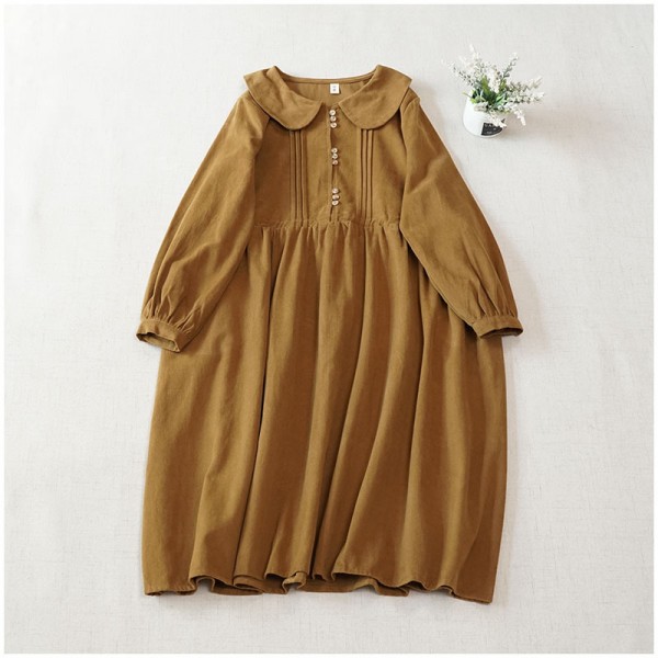 Autumn And Winter Thick Cotton Doll Neck Long Sleeve Waist Waist Slim Dress Japanese Versatile Mid Length Half Open Button Long Dress