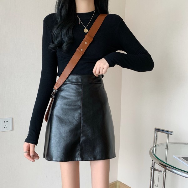 Women's Half Skirt 2023 Autumn/Winter New High Waist Versatile Wrap Hip A-Line Half Skirt Super Fire Green PU Small Leather Skirt Short Skirt