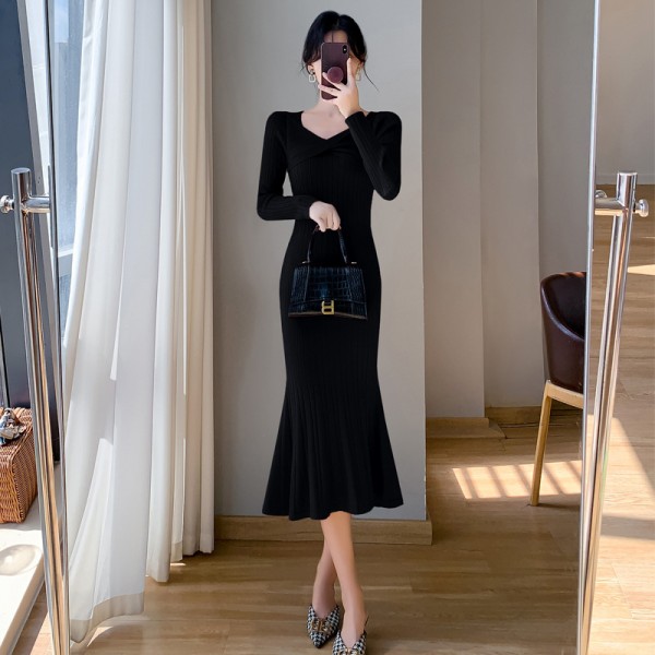 2023 Autumn/Winter Korean Version Slim Fit Mid Length Over Knee Woolen Dress With Bottom And Fish Tail Knit Dress For Women