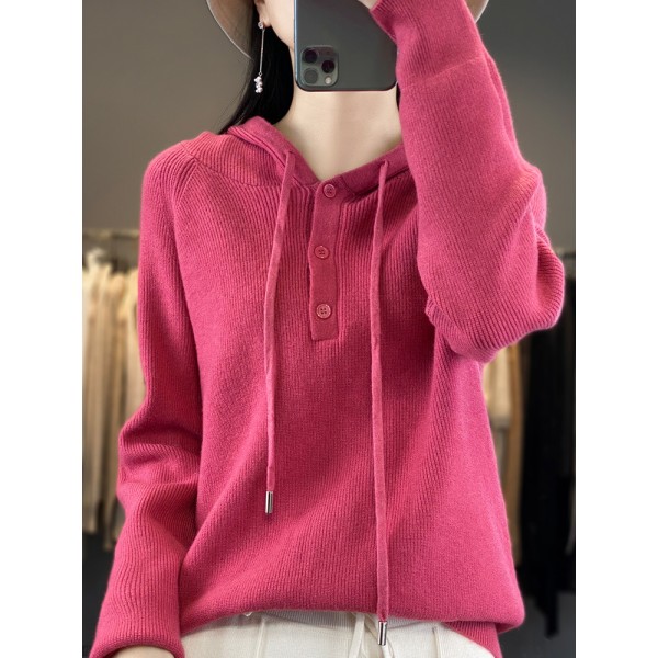 New 2023 Autumn Korean Edition Simple Three Button Hooded Knitted Sweater Sweater Loose Versatile Knitted Sweater