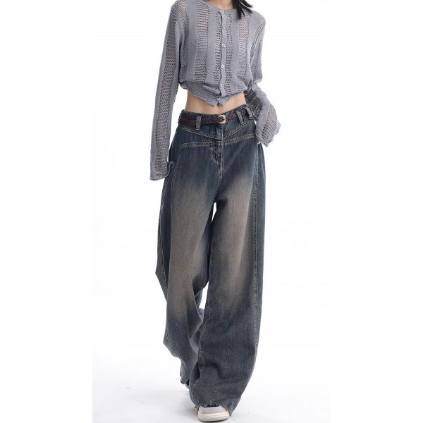 American Style High Street Retro Vintage Wide Leg Jeans For Women In Autumn 2023, New Mid High Waisted Fashionable Slimming Mop Pants