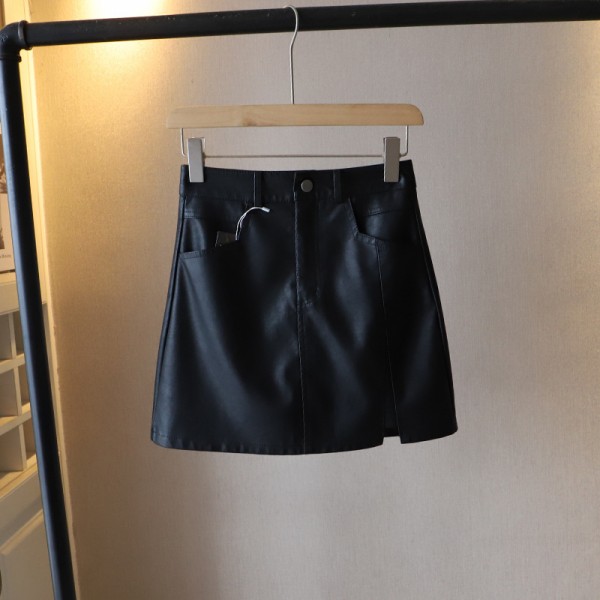 (Bizheng) 2023 Early Autumn New Korean Edition Women's Dress Temperament Small Split Solid A Line Half Length Short Skirt Leather Skirt 8984