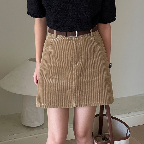 Les A-Line Short Skirt For Women, Small And Slim Corduroy Short Skirt With High Waist Design, Autumn Half Skirt For Women, Free Belt