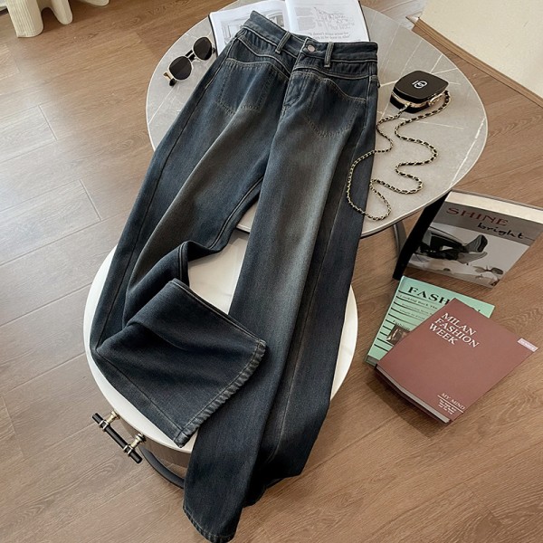 High Grade Cement Gray Wide Leg Jeans For Women's Winter New High Waisted Straight Tube Comfortable Casual Plush Floor Mop Pants