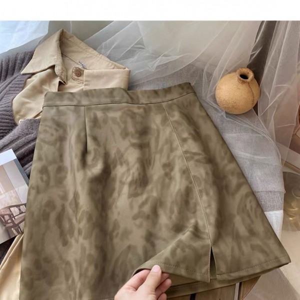 High End Anti Slip Matte Frosted Leather Short Skirt For Women In Autumn And Winter 2023, New High Waisted A-Line Leather Skirt With Leopard Print Skirt