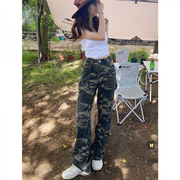 Hong Kong Style Work Uniform Military Green High Waisted Loose Fitting Slim Wide Leg Jeans For Women Spring Spicy Girl Camouflage Straight Leg Long Pants