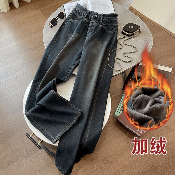 High Grade Cement Gray Wide Leg Jeans For Women's Winter New High Waisted Straight Tube Comfortable Casual Plush Floor Mop Pants