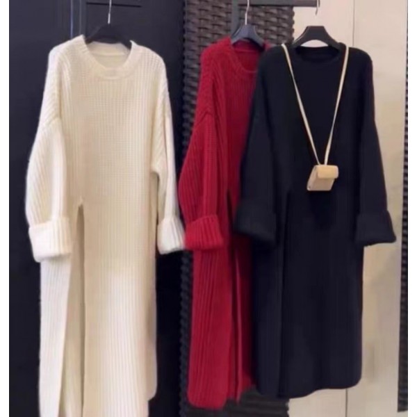 Elegant And Elegant Style, High Split Simple Knitwear, Woolen Dress, Autumn And Winter New Soft Glutinous Cross Border Foreign Trade Dress, Female