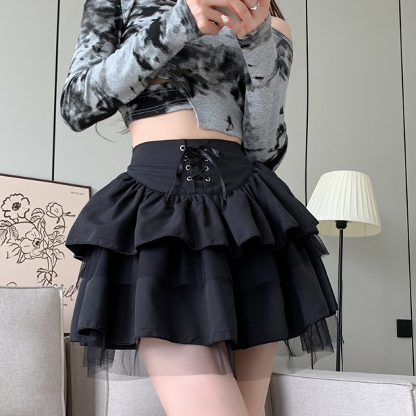 Half-Length Skirt For Women In Spring And Autumn, New Ballet Style Fluffy Short Skirt, High Waisted Mesh, Small Figure, Black Lace Up, Japanese Jk