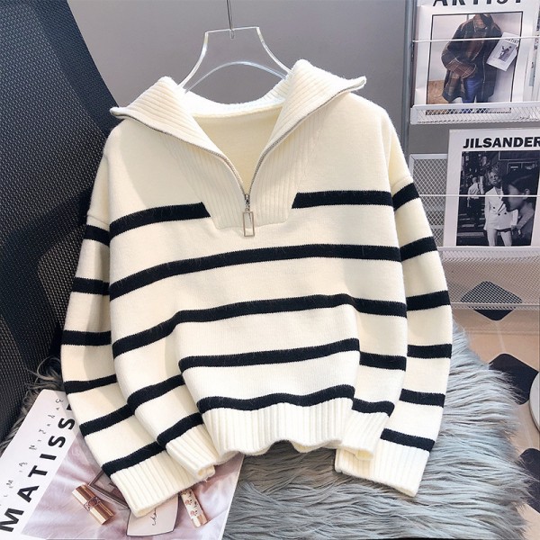 High Collar Contrast Casual Sweater Women's Coat 2023 Autumn/Winter New Korean Loose Fashion Zipper Stripe Knit