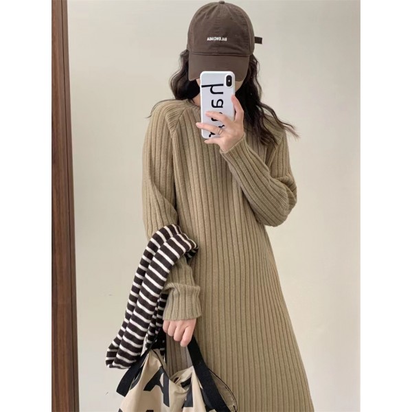 Korean Soft Glutinous Round Neck Pit Striped Knitted Dress For Women's Autumn And Winter New Slim Over Knee Clear Color Bottom Skirt With Coat