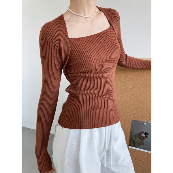 Lu Xi Autumn Long Sleeve Square Neck Knit Shirt Women's Slim Fit Show Slim Open Collar False Two Piece Bottom Top SS066