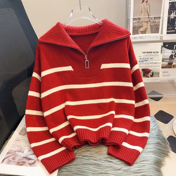 High Collar Contrast Casual Sweater Women's Coat 2023 Autumn/Winter New Korean Loose Fashion Zipper Stripe Knit