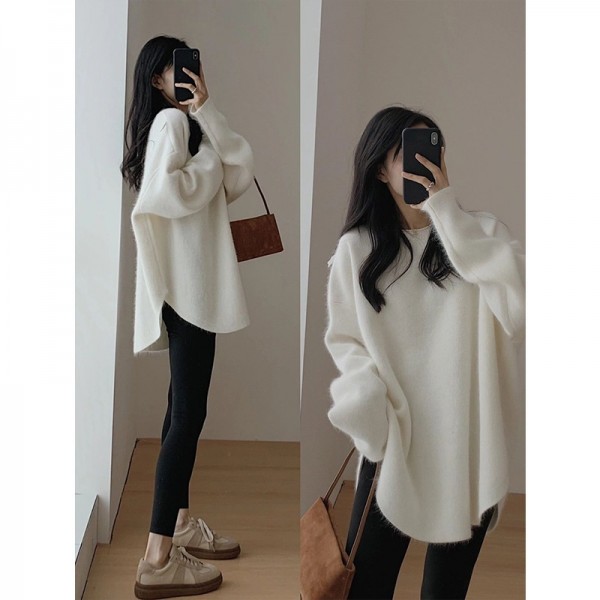 Korean Version Gentle And Lazy Autumn And Winter New Niche Design Knit Shirt Solid Color Top Medium Length Pullover Sweater For Women