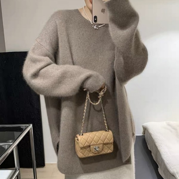 Korean Version Gentle And Lazy Autumn And Winter New Niche Design Knit Shirt Solid Color Top Medium Length Pullover Sweater For Women