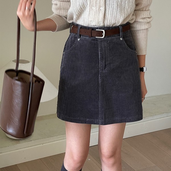 Les A-Line Short Skirt For Women, Small And Slim Corduroy Short Skirt With High Waist Design, Autumn Half Skirt For Women, Free Belt